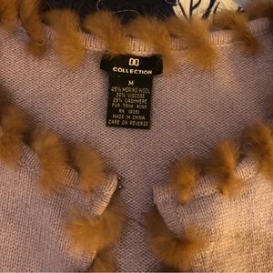 Pale blue cashmere wool cardigan sweater with genuine brown mink fur trim